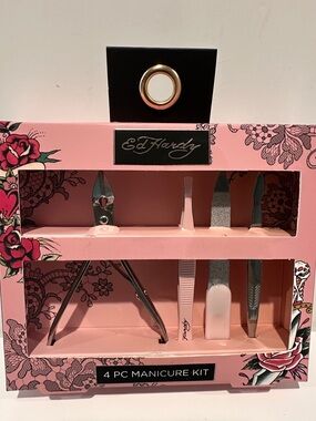 Ed Hardy 4 PC Manicure Kit with Nail File, Cuticle Nipper & Pusher, Tweezer, etc